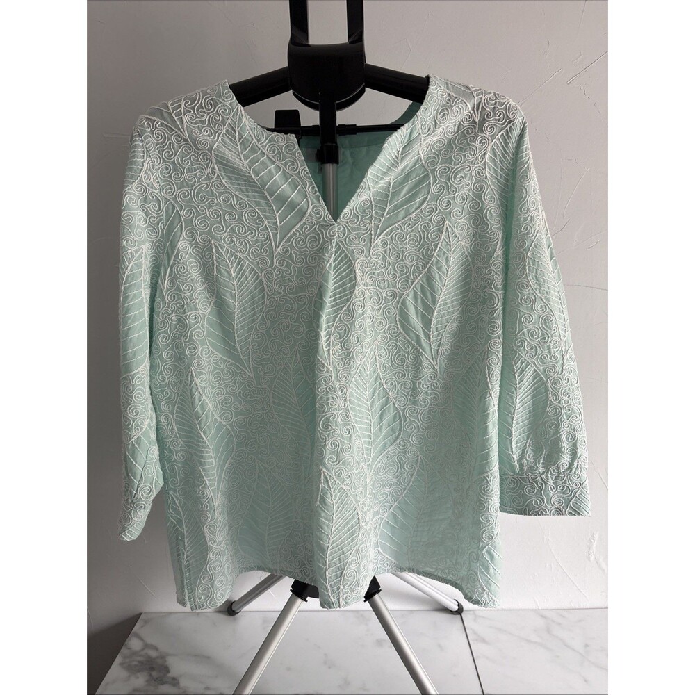 J.JIll Mint Green Embroidered Leaf V-Neck Tunic Top Large 100% Cotton 3/4 Sleeve